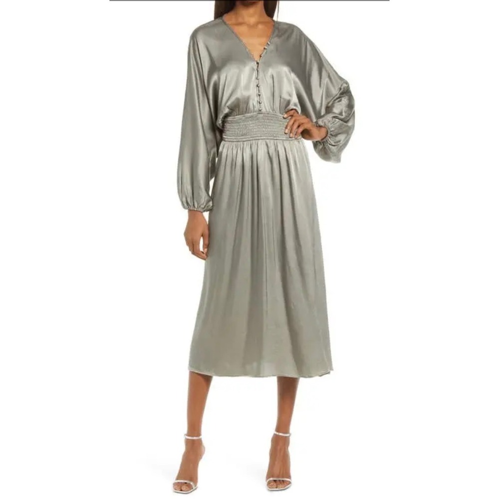 ELLIATT Cassini Sage Green Satin Smocked Waist V-Neck Midi Dress XL NEW